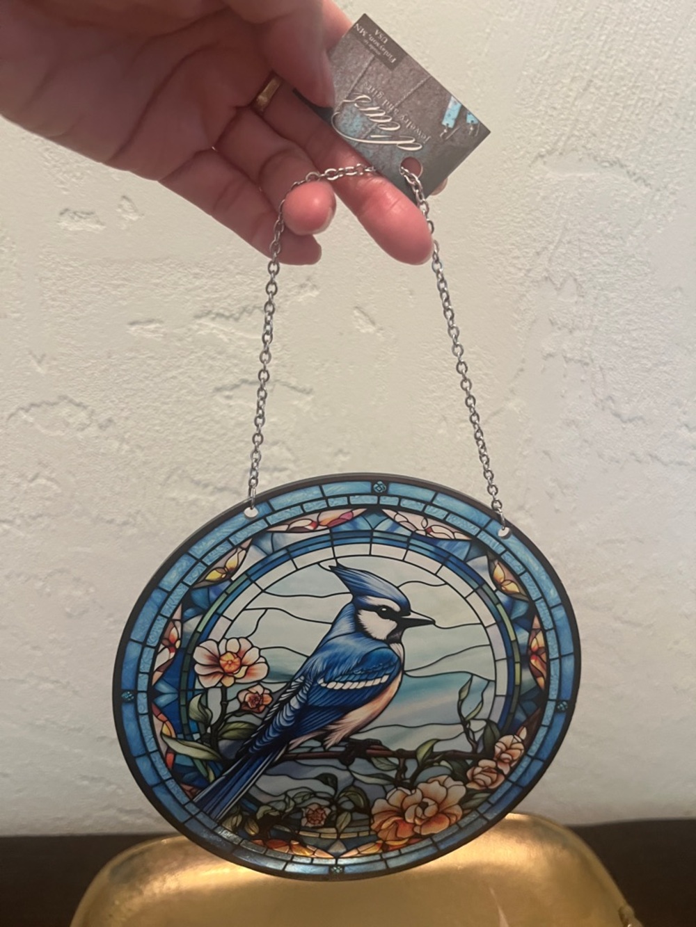 #1797**SC110 “6” Suncatcher- Blue Jay Stained Glass Hanging Panel